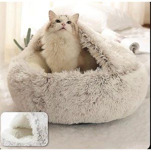 16” Cat Bed Cave Round Plush Fluffy Hooded Cat Bed